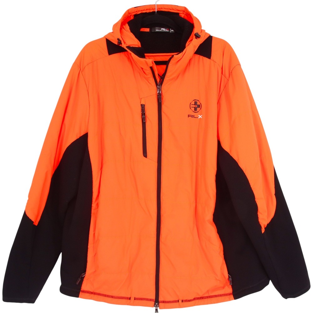 RLX Ralph Lauren Mens XXL Neon Orange Black Hybrid Hooded Puffer Fleece Jacket